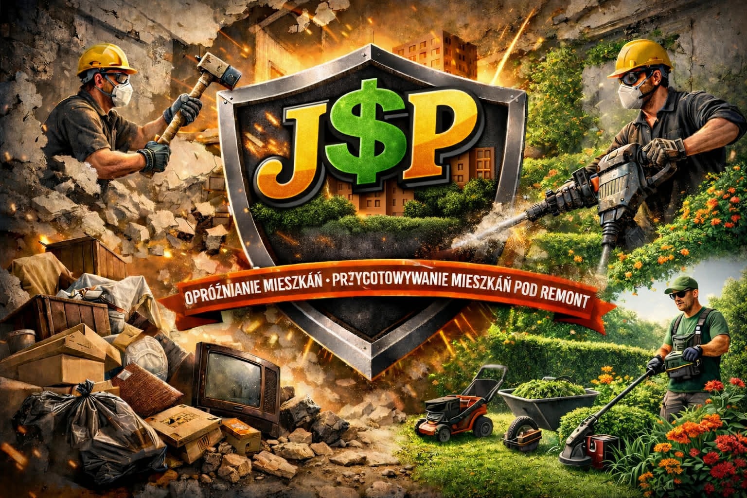 Grafika: Opróżnianie mieszkań i przygotowanie pod remont. Pracownicy z narzędziami, gruz, sprzęt ogrodniczy. Logo firmy J$P na tarczy.