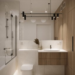 AW Architektura Wnętrz Agata Wilk - Nowoczesna łazienka z kabiną prysznicową, wiszącą toaletą i drewnianą szafką pod umywalką, oświetlona minimalistycznymi lampami wiszącymi i punktowymi.