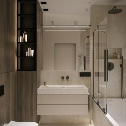 AW Architektura Wnętrz Agata Wilk - Nowoczesna łazienka z beżowymi płytkami, wiszącą szafką z umywalką, podświetlaną szafką w kolorze drewna i minimalistycznym oświetleniem liniowym nad lustrem.