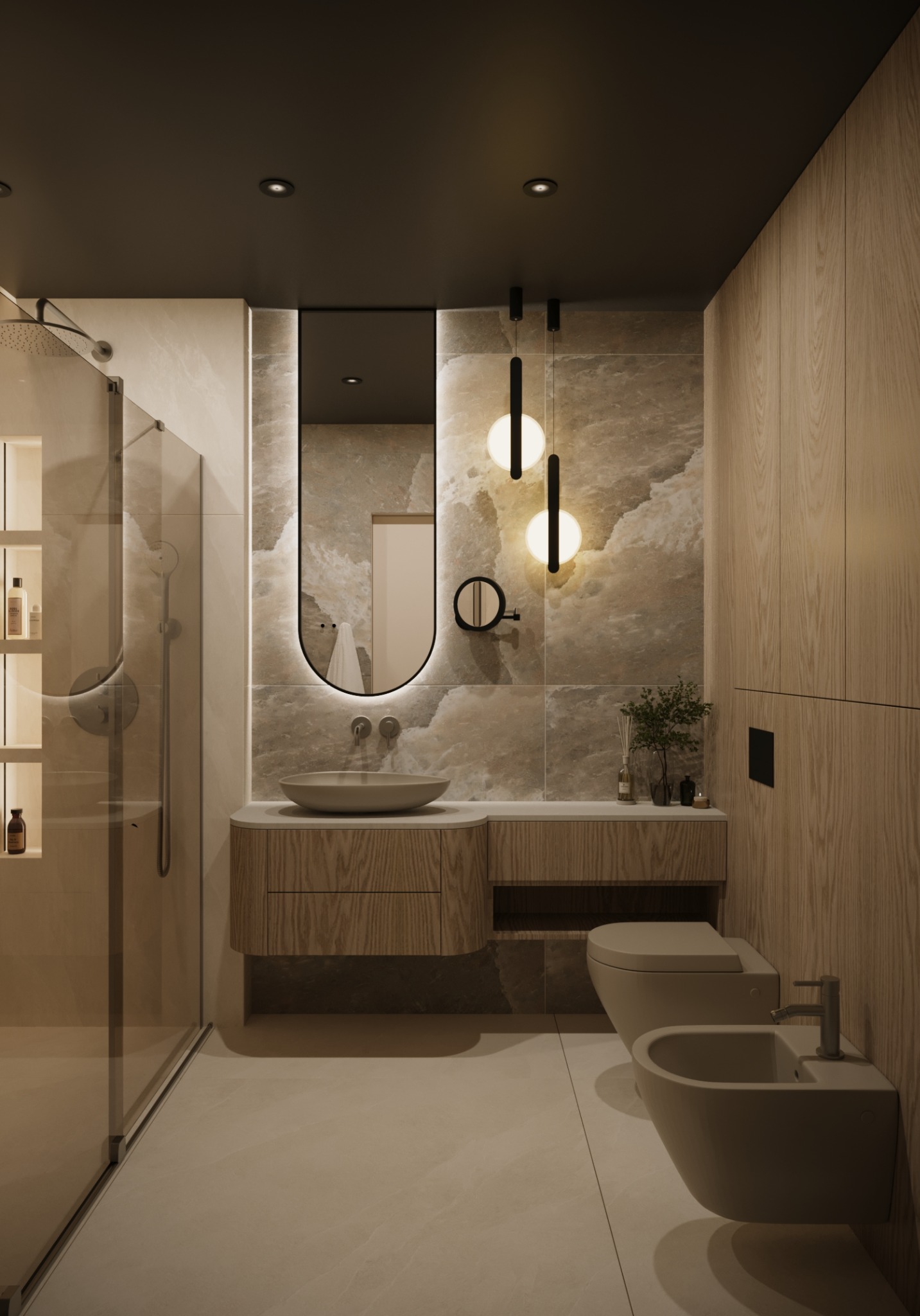 Nowoczesna łazienka z drewnianymi akcentami, podświetlanym lustrem w zaokrąglonej ramie, wiszącą szafką z umywalką, toaletą i bidetem w minimalistycznym stylu.