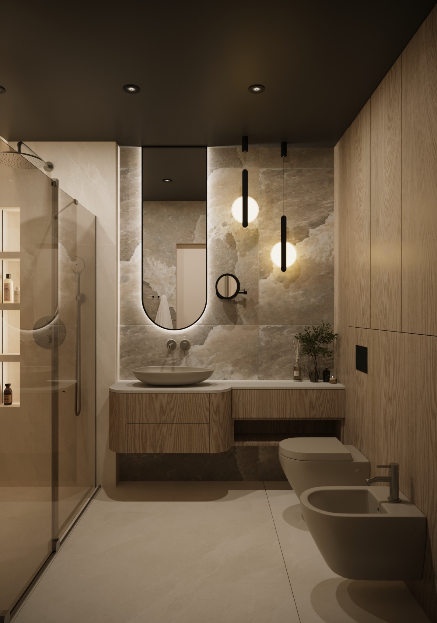 Nowoczesna łazienka z drewnianymi akcentami: umywalka nablatowa, podświetlane lustro o zaokrąglonym kształcie, wiszące lampy kuliste, kabina prysznicowa ze szklaną ścianą, bidet i toaleta...