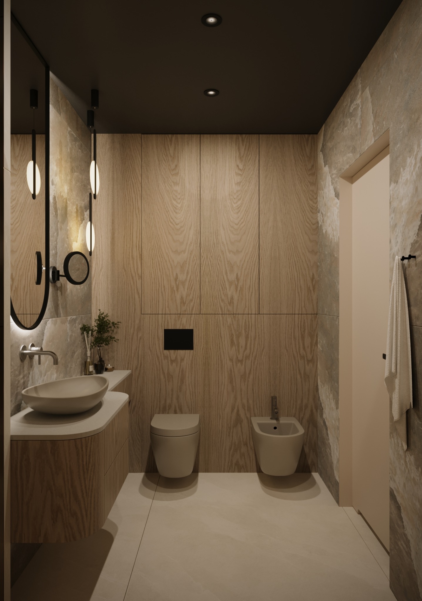 Nowoczesna łazienka z drewnianą zabudową, umywalką nablatową, wiszącą toaletą i bidetem, oświetleniem punktowym i lustrem z podświetleniem LED.