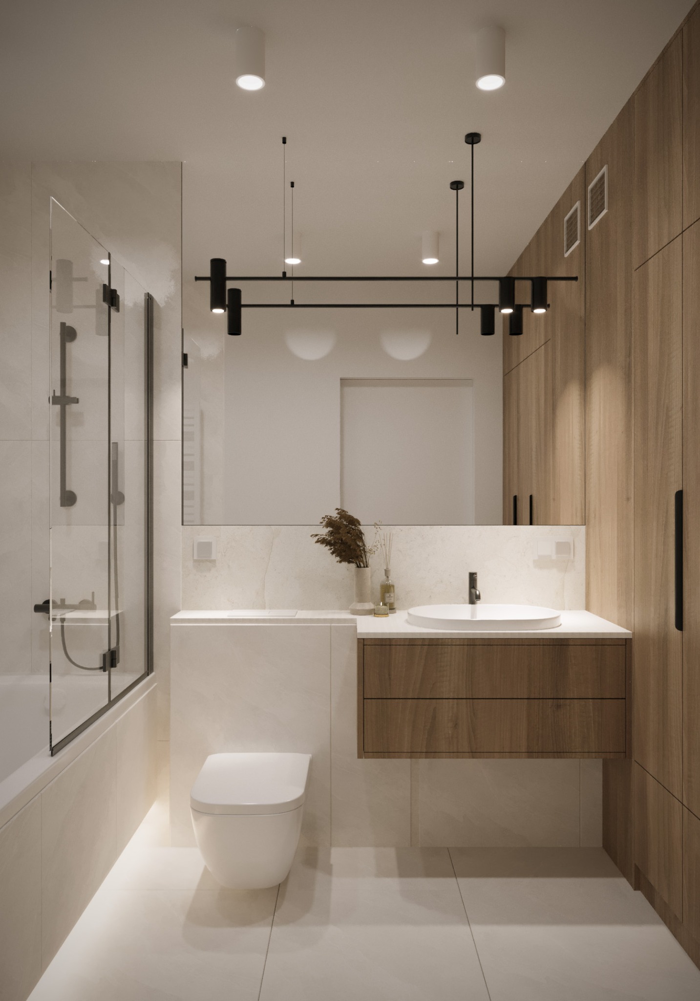Nowoczesna łazienka z kabiną prysznicową, wiszącą toaletą i drewnianą szafką pod umywalką, oświetlona minimalistycznymi lampami wiszącymi i punktowymi.