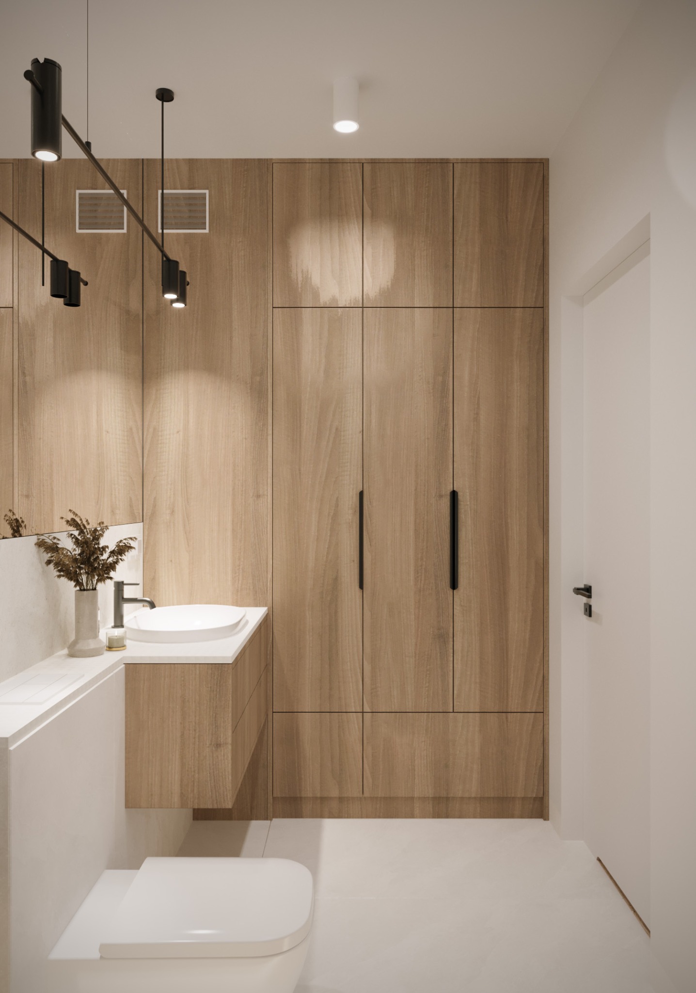 Nowoczesna łazienka w Gdyni z drewnianą zabudową meblową, minimalistyczną umywalką i czarnymi akcentami oświetleniowymi.