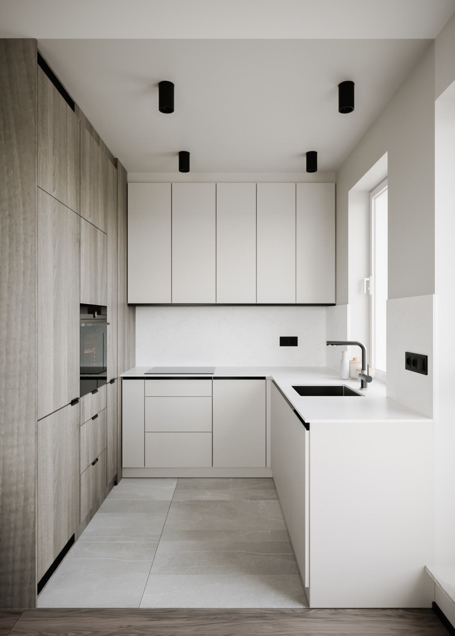 Nowoczesna kuchnia w odcieniach bieli i drewna z czarnymi akcentami oświetlenia i armatury, minimalistyczny design, widok na piekarnik w zabudowie.