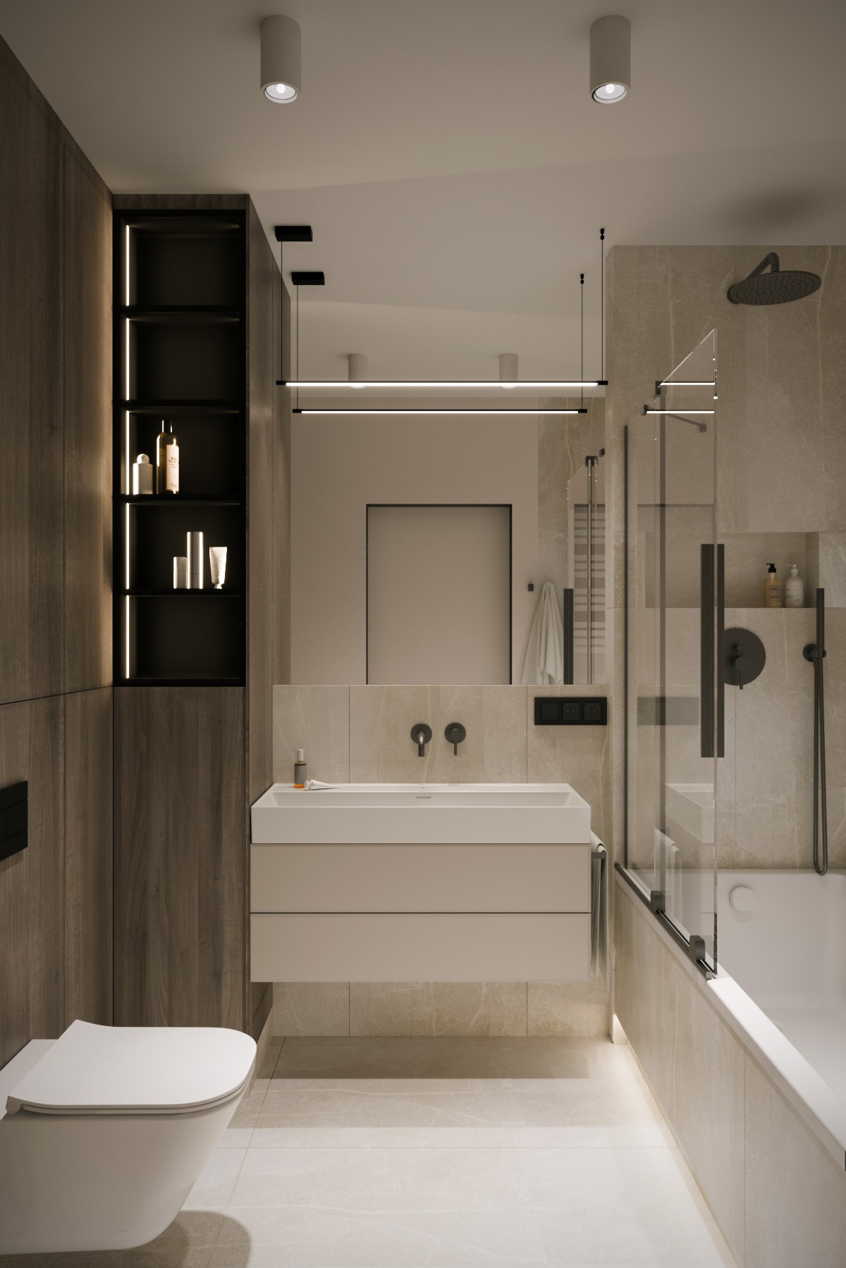 Nowoczesna łazienka z beżowymi płytkami, wiszącą szafką z umywalką, podświetlaną szafką w kolorze drewna i minimalistycznym oświetleniem liniowym nad lustrem.