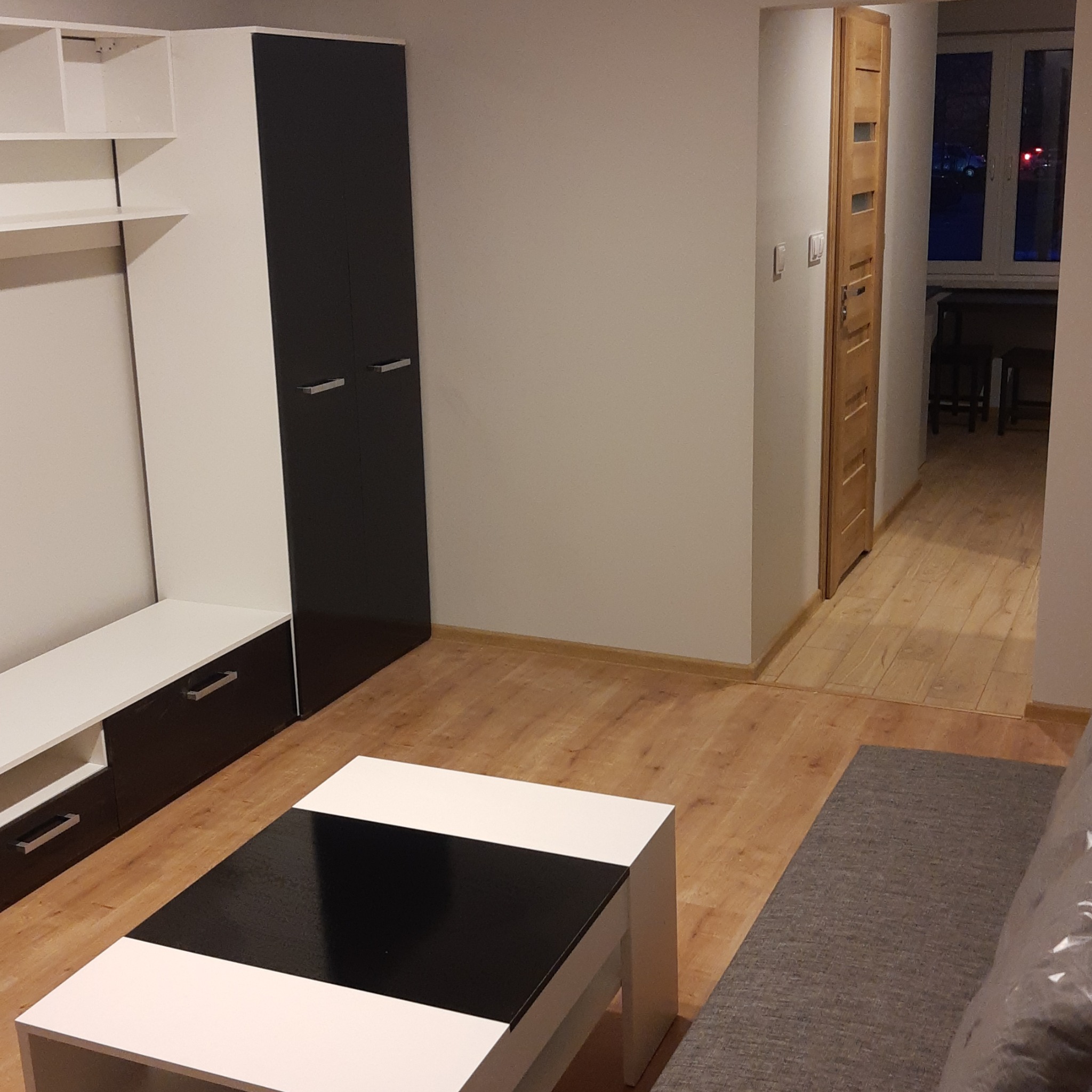 Nowoczesny salon z drewnianą podłogą, biało-czarnymi meblami i widokiem na okno w oddali.