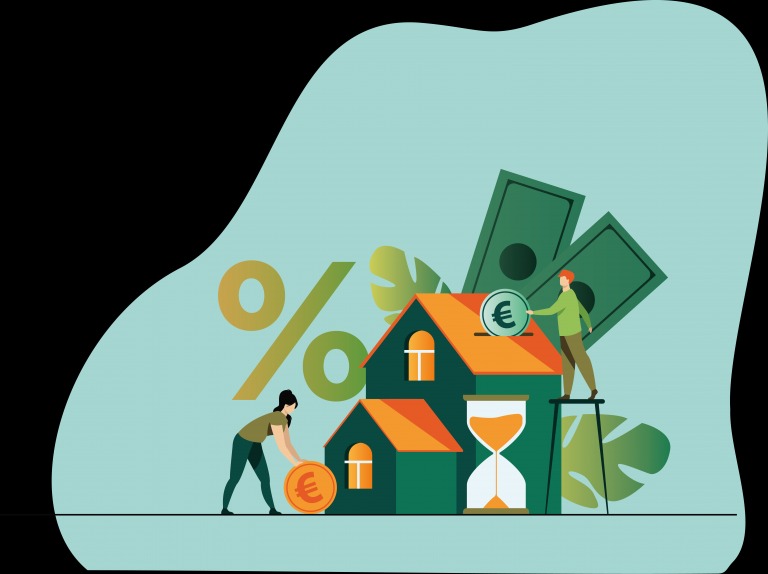Ilustracja przedstawia osoby umieszczające monety euro w domkach-skarbonkach, z symbolem procentu, banknotami i klepsydrą w tle, symbolizująca oszczędzanie na zakup domu.
