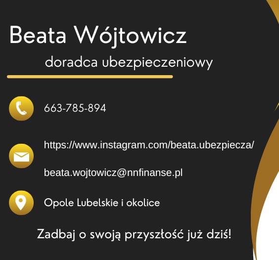 Wizytówka doradcy ubezpieczeniowego Beaty Wójtowicz z numerem telefonu, adresem e-mail, linkiem do Instagrama i lokalizacją Opole Lubelskie i okolice.