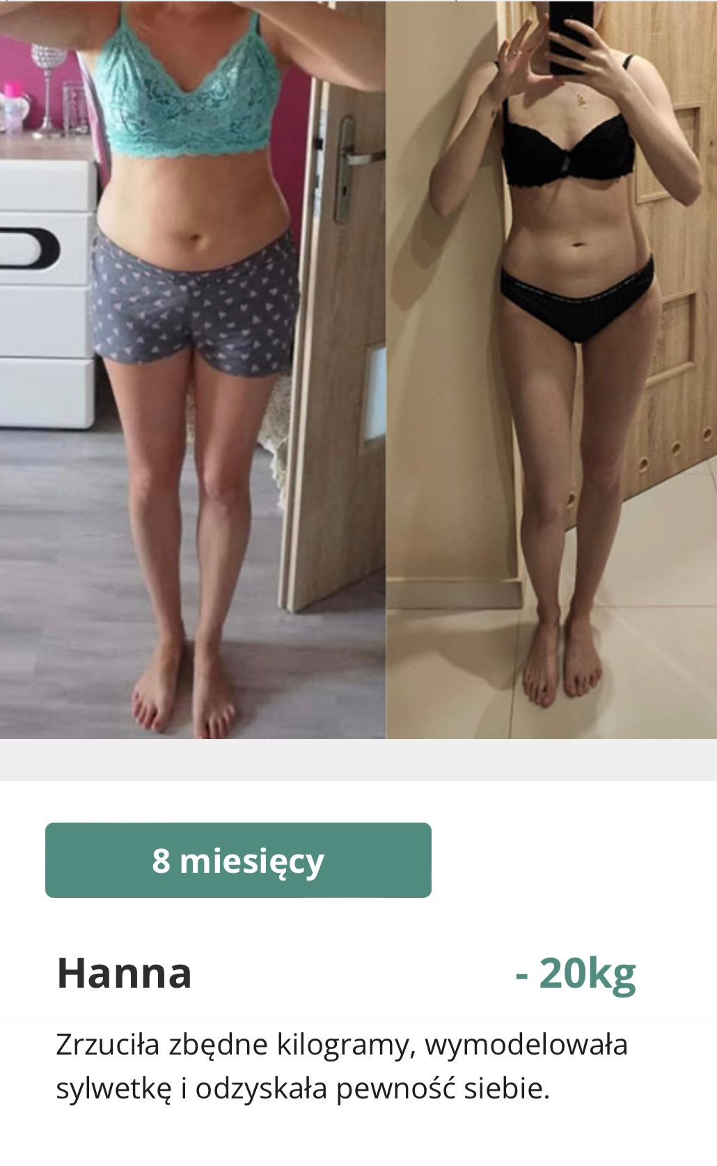 Kolaż przedstawiający sylwetkę kobiety przed i po odchudzaniu, widoczne zmiany w obwodzie talii i ud, na zdjęciu po prawej stronie kobieta trzyma telefon robiąc selfie.