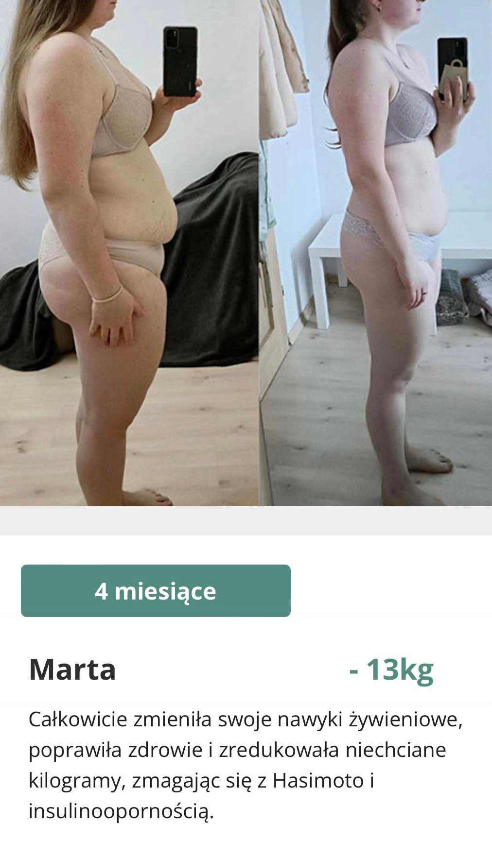 Kobieta prezentująca metamorfozę sylwetki: zdjęcie 'przed' po lewej, z widocznym brzuchem i udami, oraz zdjęcie 'po' po prawej, z zauważalną redukcją tkanki tłuszczowej i poprawą kształtu ciała...