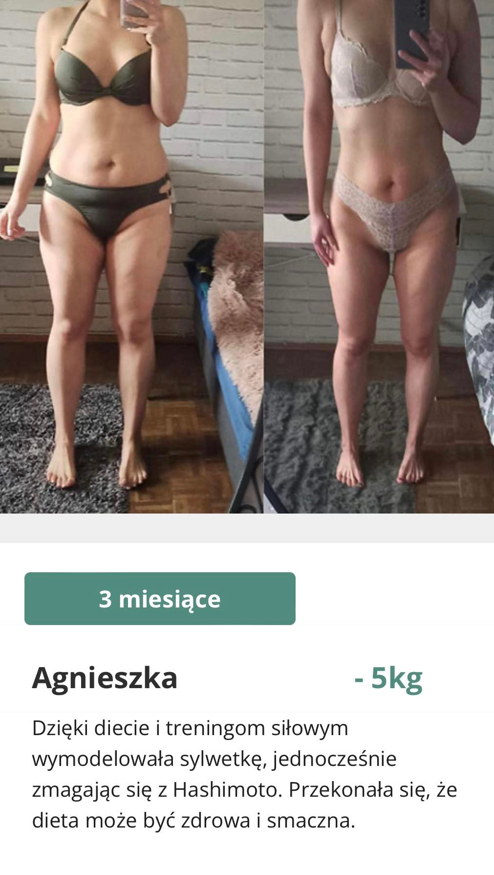 Sylwetka kobiety przed i po 3 miesiącach diety i treningu siłowego, widoczna utrata wagi -5kg.