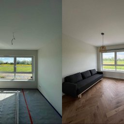 Taras I kompania - Porównanie pokoju przed i po: po lewej surowy stan z zabezpieczoną podłogą i wiszącymi kablami, po prawej wykończony pokój z parkietem w jodełkę, szarą sofą i lampą z abażurem z rattanu.