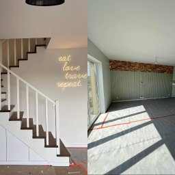 Taras I kompania - Dzielone zdjęcie: po lewej schody z białymi balustradami i ciemnymi stopniami, pod schodami białe szafki, na ścianie neonowy napis 'eat love trave repeat'; po prawej surowy pokój z ceglaną ścianą...
