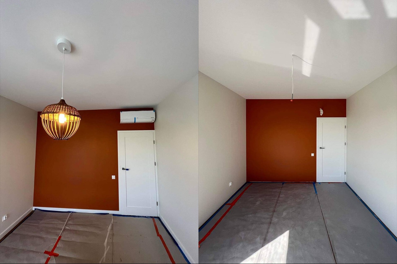 Pokój po malowaniu: jedna ściana w kolorze terakoty, druga w jasnym beżu, zabezpieczona podłoga, wisząca lampa z wikliny i klimatyzator na ścianie.