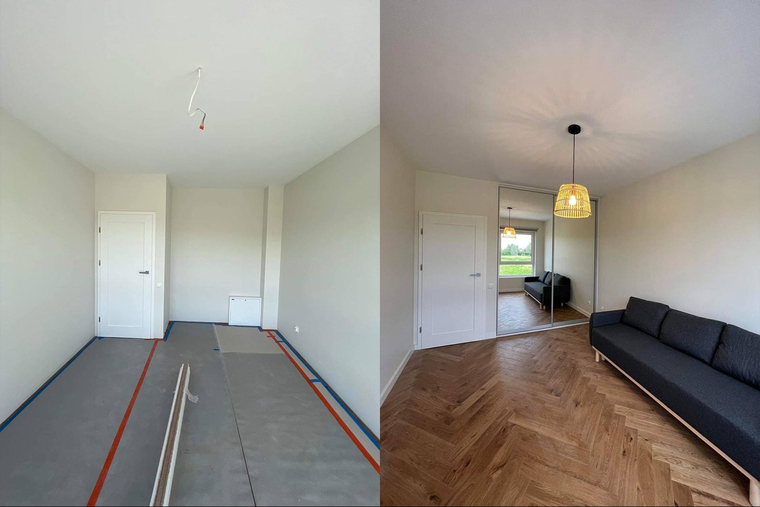 Porównanie pokoju przed i po: przed położeniem parkietu zabezpieczona podłoga z wystającymi kablami, po - parkiet ułożony w jodełkę, zamontowana szafa z lustrem i lampa z wikliny, ustawiona szara...