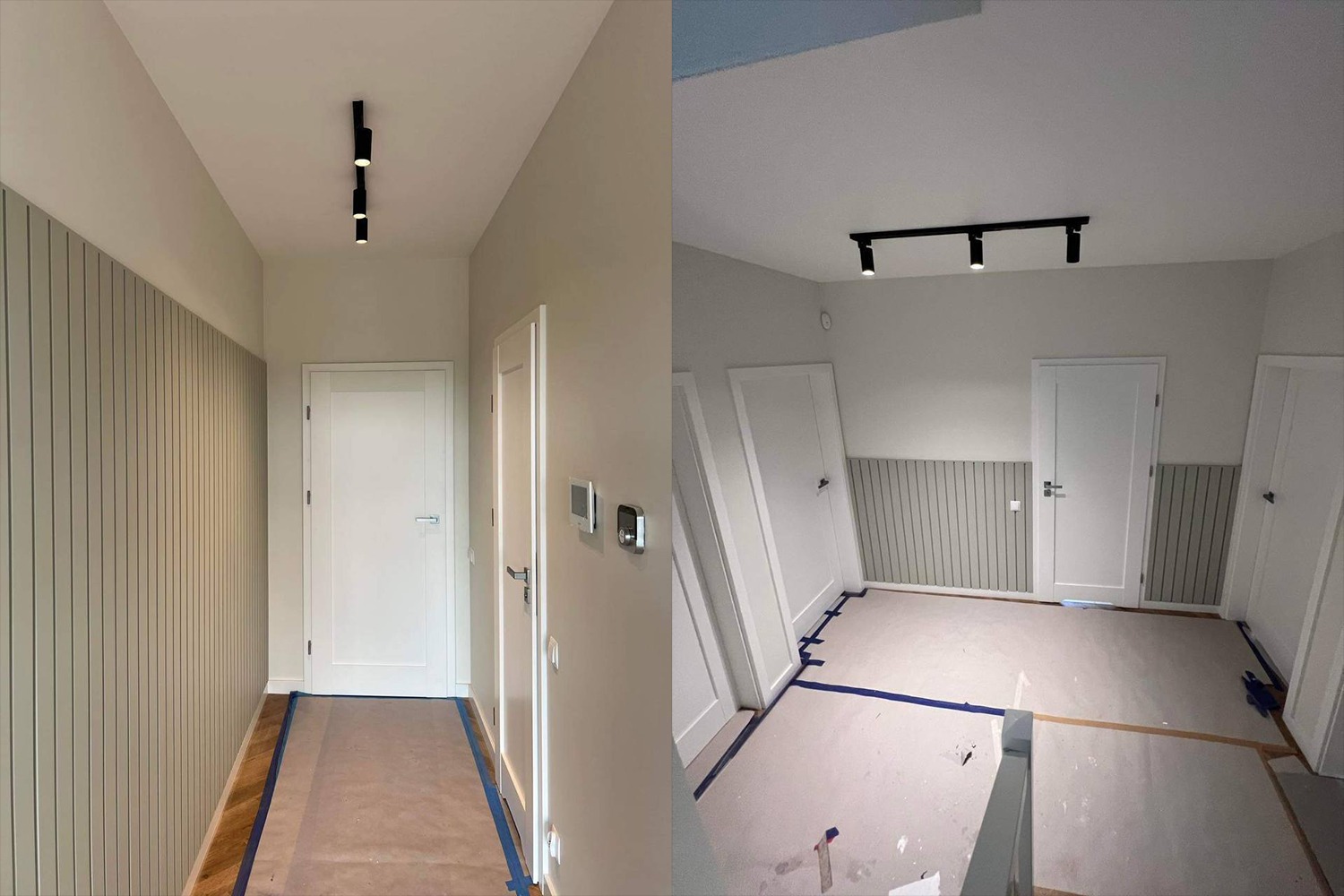 Dwa ujęcia korytarza w trakcie prac wykończeniowych: po lewej wykończona ściana z pionowymi panelami i parkietem zabezpieczonym folią, po prawej pomieszczenie z przygotowanym podłożem, listwami...