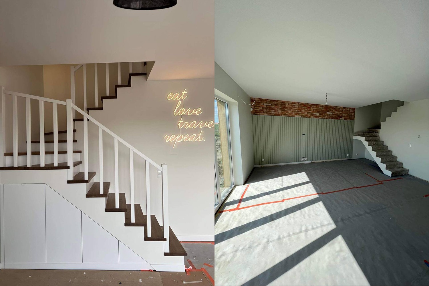 Dzielone zdjęcie: po lewej schody z białymi balustradami i ciemnymi stopniami, pod schodami białe szafki, na ścianie neonowy napis 'eat love trave repeat'; po prawej surowy pokój z ceglaną ścianą...