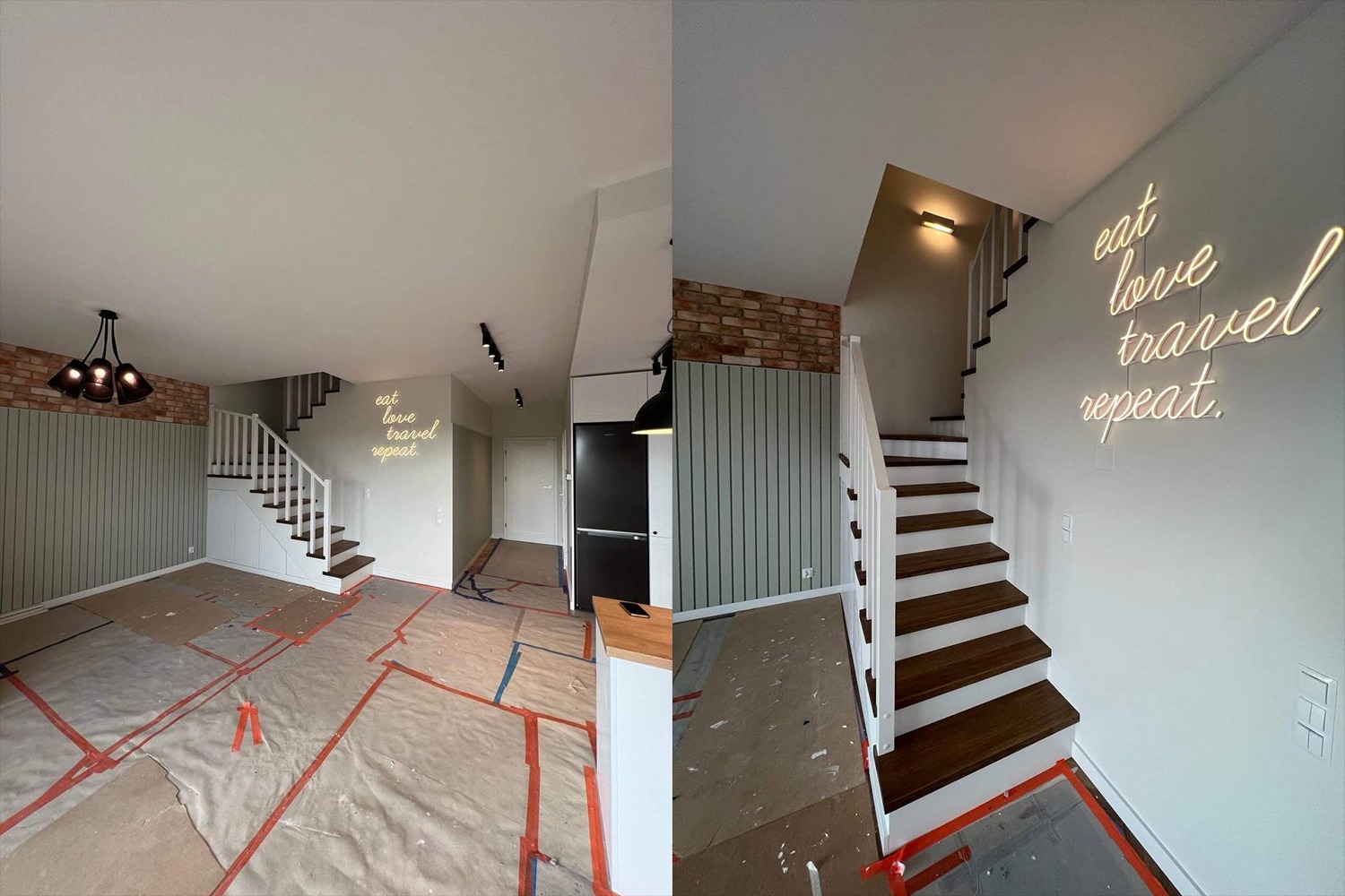 Dwa ujęcia wnętrza w trakcie prac: z lewej salon z częściowo zabezpieczoną podłogą, ścianą z cegły i boazerią, schodami z zabudową, wiszącą lampą i neonem na ścianie; z prawej widok na schody...