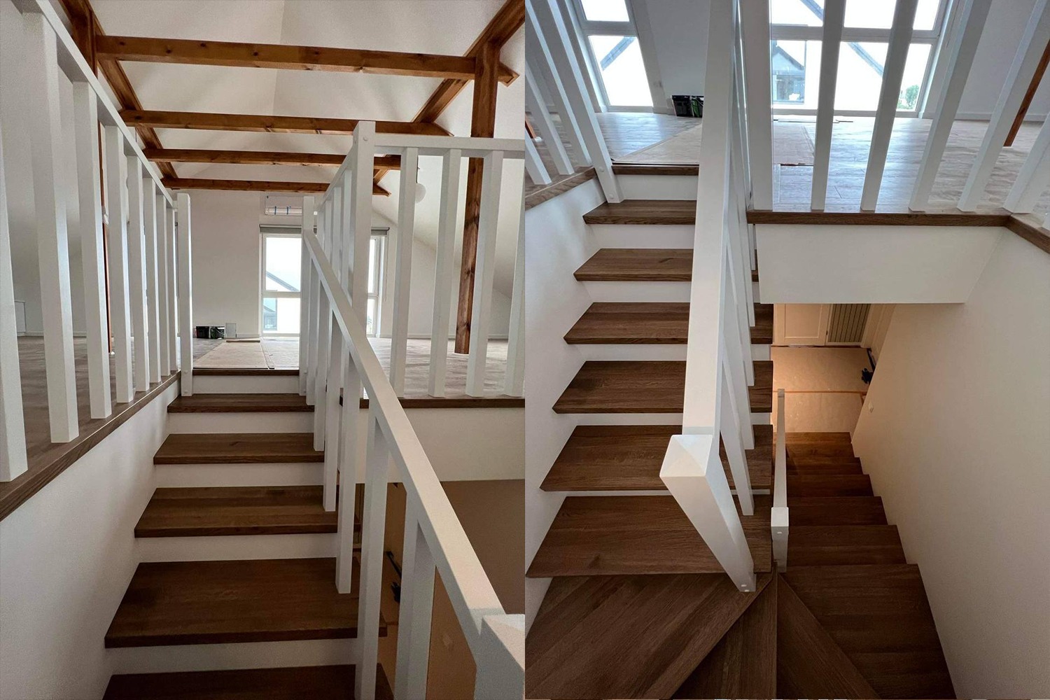 Drewniane schody z białymi balustradami w jasnym wnętrzu z widocznymi belkami stropowymi, ukazane z dwóch różnych perspektyw.