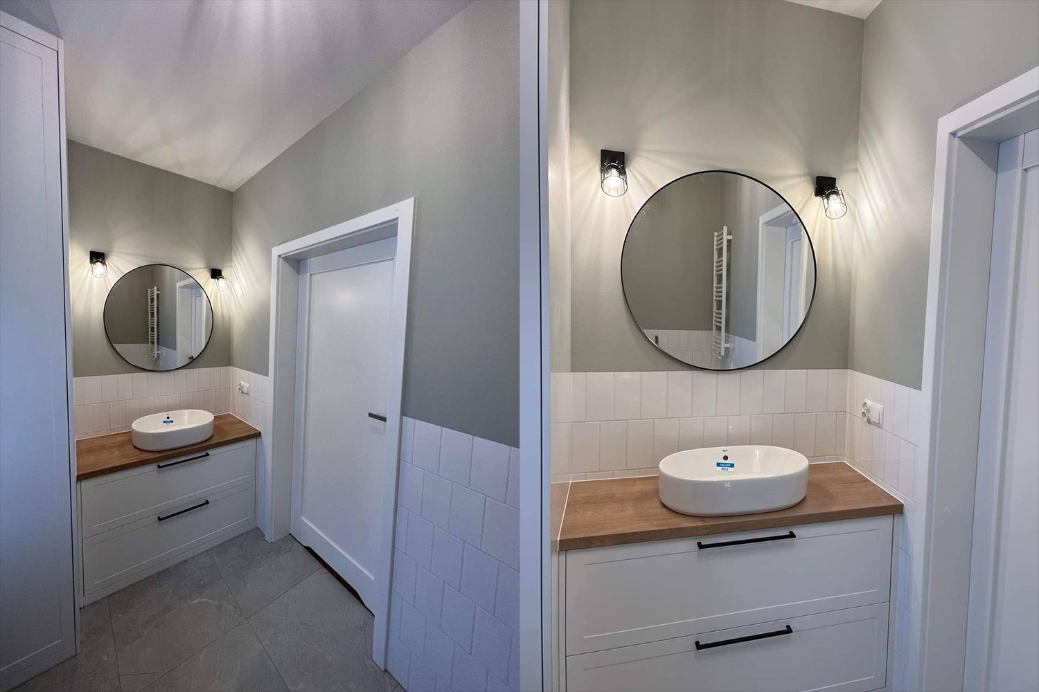Nowoczesna łazienka z owalną umywalką nablatową na drewnianym blacie, białymi płytkami na ścianach do połowy wysokości i okrągłym lustrem podświetlonym dwoma lampami ściennymi z żarówkami Edisona.