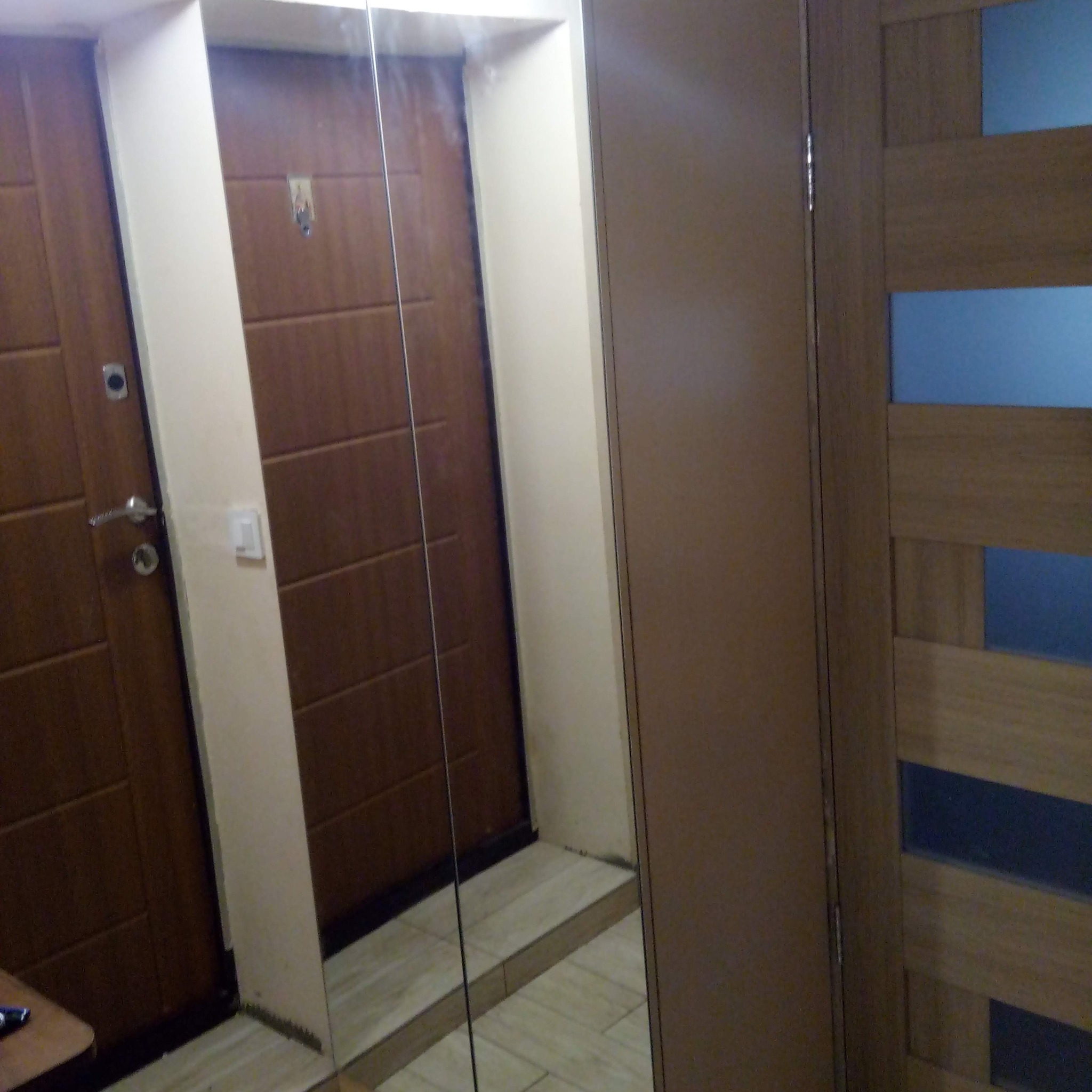 Fragment przedpokoju z zamontowaną szafą z lustrem, odbijającą drzwi wejściowe i fragment podłogi z płytek.