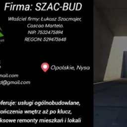 Wizytówka firmy budowlanej SZAC-BUD z logo, danymi kontaktowymi, adresem w Opolskim, Nysie oraz zakresem usług obejmującym usługi ogólnobudowlane, wykończenia wnętrz i kompleksowe remonty mieszkań...
