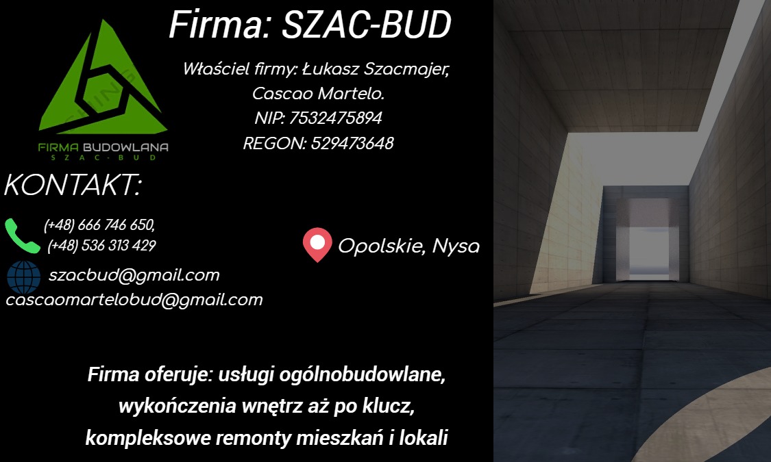 Wizytówka firmy budowlanej SZAC-BUD z logo, danymi kontaktowymi, adresem w Opolskim, Nysie oraz zakresem usług obejmującym usługi ogólnobudowlane, wykończenia wnętrz i kompleksowe remonty mieszkań...