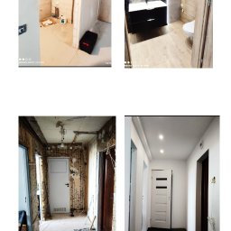 Home-bud - Kolaż zdjęć przedstawiający etapy od stanu surowego do wykończonej łazienki z okrągłym lustrem podświetlanym LED, oraz korytarz przed i po położeniu ciemnej podłogi i wymianie drzwi.