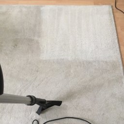 Studio czystości. Pranie dywanów, pranie tapicerki. Czyszczenie posadzek. Ozonowanie Gdynia - Fragment jasnego dywanu z widoczną różnicą w czystości po czyszczeniu odkurzaczem piorącym, na podłodze z paneli.