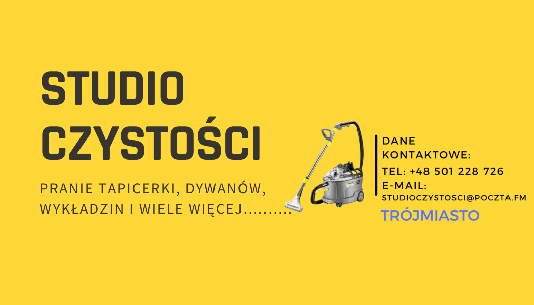 Żółte tło reklamowe z nazwą firmy 'Studio Czystości', informacją o praniu tapicerki, dywanów i wykładzin, danymi kontaktowymi oraz zdjęciem odkurzacza piorącego Karcher.