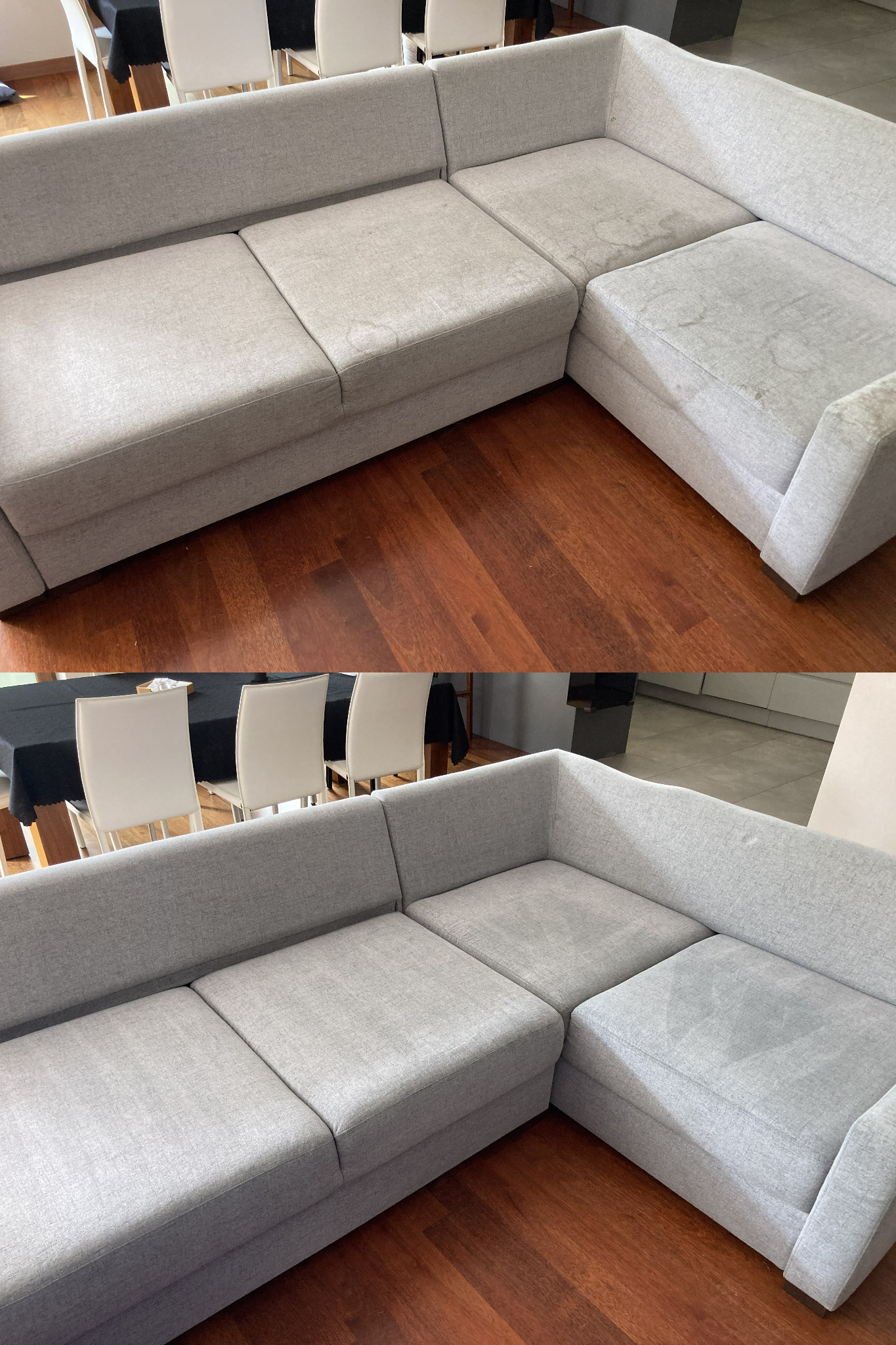 Porównanie stanu narożnika tapicerowanego przed i po czyszczeniu. Na górze widoczne plamy i zabrudzenia na szarym materiale, na dole narożnik po usunięciu plam prezentuje się czysto i świeżo.