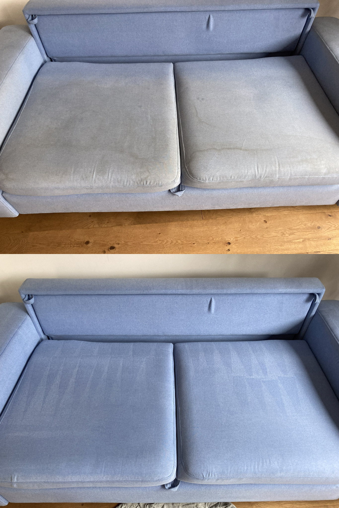 Porównanie przed i po czyszczenia jasnoniebieskiej kanapy z widocznymi plamami i zaciekami na górnej części zdjęcia oraz czystą, jednolitą powierzchnią po czyszczeniu na dolnej części zdjęcia.