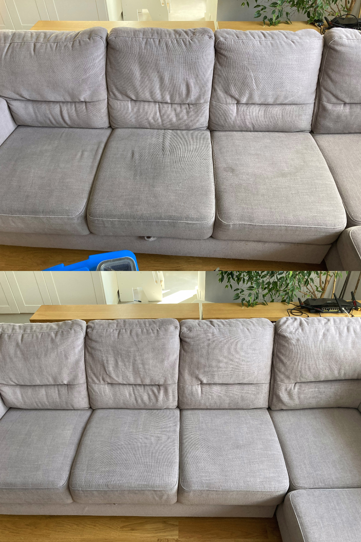 Szara, modułowa kanapa po czyszczeniu, widoczne różnice w odcieniu pomiędzy czystą a brudną częścią, fragment niebieskiego urządzenia czyszczącego pod kanapą.