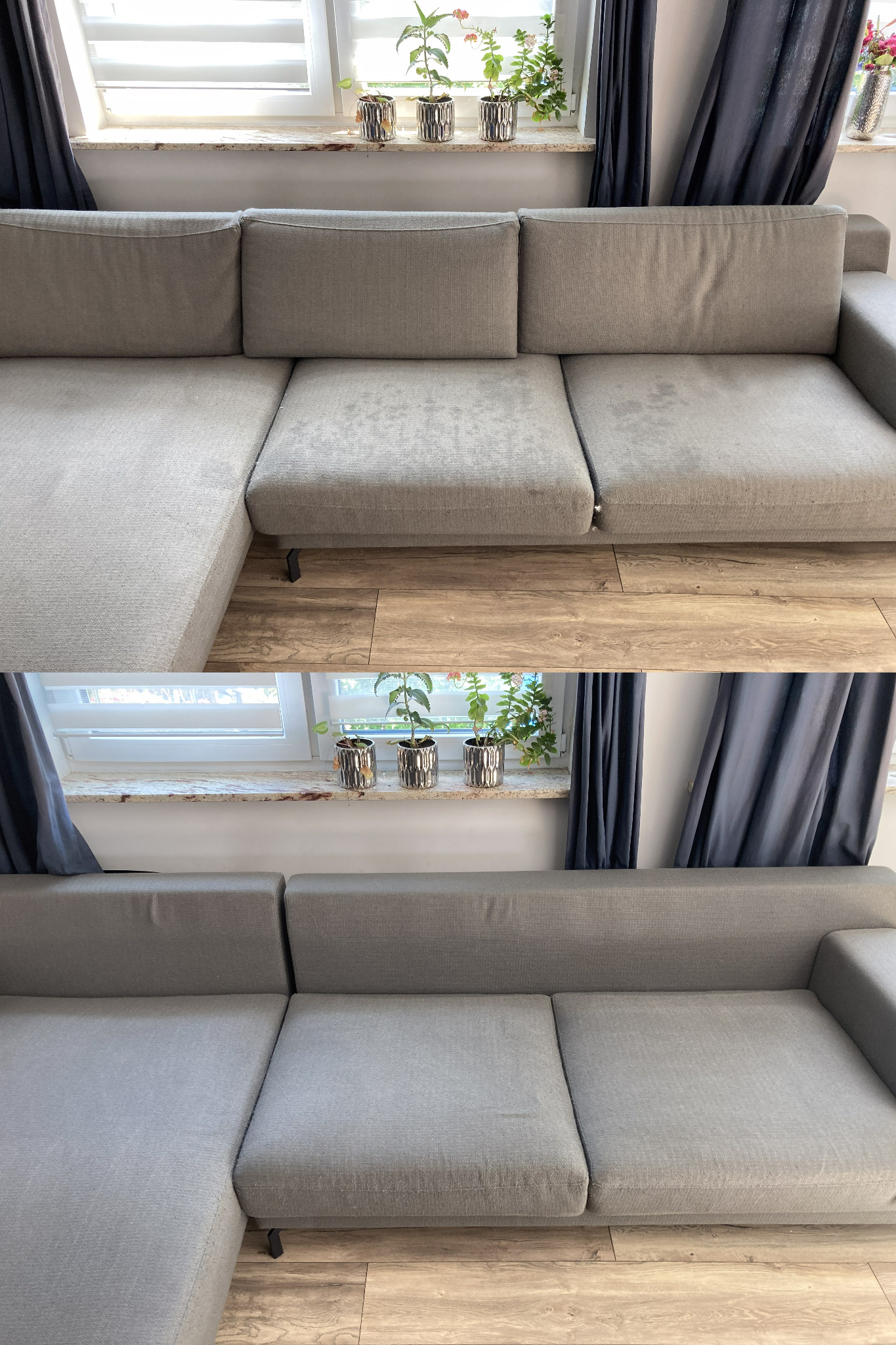 Dwuetapowe ujęcie szarej, modułowej sofy narożnej: widoczne wyraźne różnice w czystości poszczególnych segmentów po zabiegu czyszczenia, z oknem w tle i roślinami doniczkowymi na parapecie.