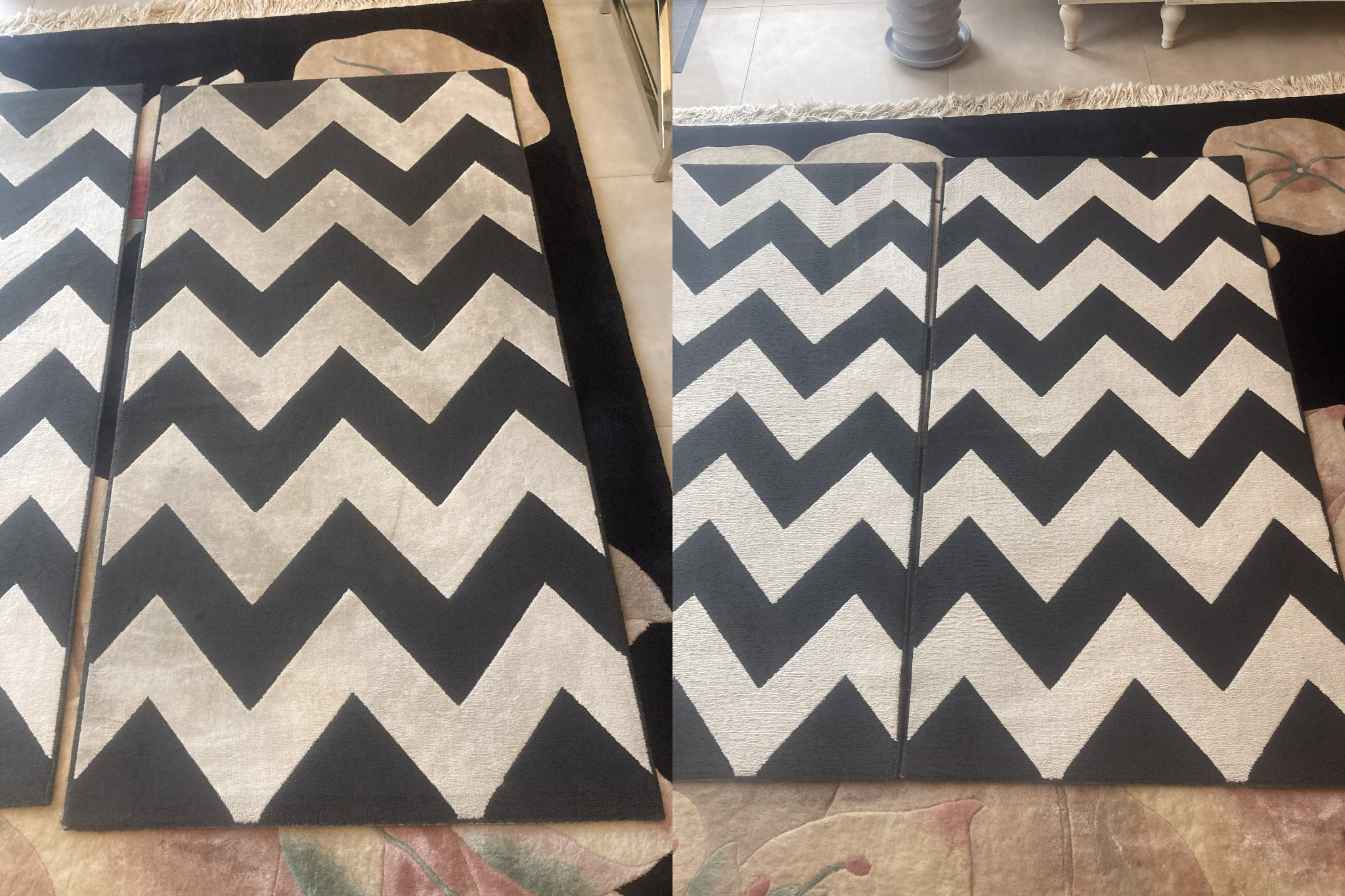 Dwa dywany z motywem zygzaków, jeden przed i jeden po czyszczeniu, ukazujące różnicę w kolorze i wyglądzie.