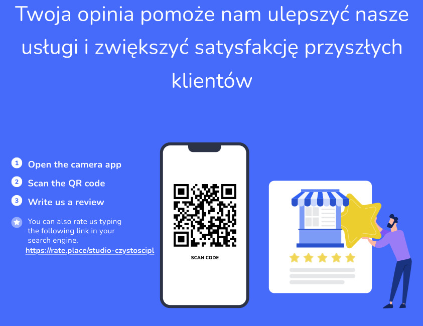 Ilustracja zachęcająca do wystawienia opinii o usłudze: telefon z kodem QR do zeskanowania, link do opinii i postać przyklejająca gwiazdę do oceny z markizą sklepu.