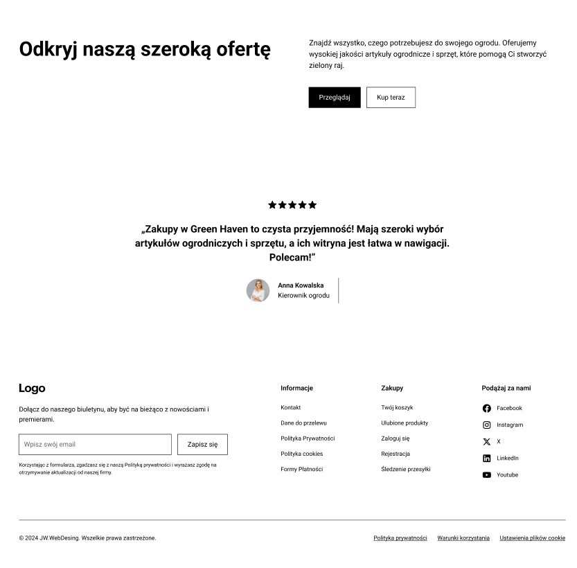 Projekt strony internetowej sklepu ogrodniczego z Cieszyna, prezentujący hasło reklamowe i pozytywną opinię klientki, z wyraźnymi przyciskami 'Przeglądaj' i 'Kup teraz'.