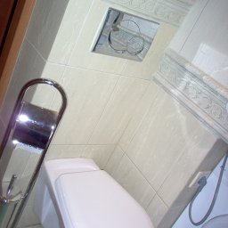 Keu - Biała toaleta podwieszana w łazience z beżowymi płytkami, chromowanym przyciskiem spłukiwania i uchwytem na papier toaletowy, widoczny fragment pralki i gniazdko elektryczne.