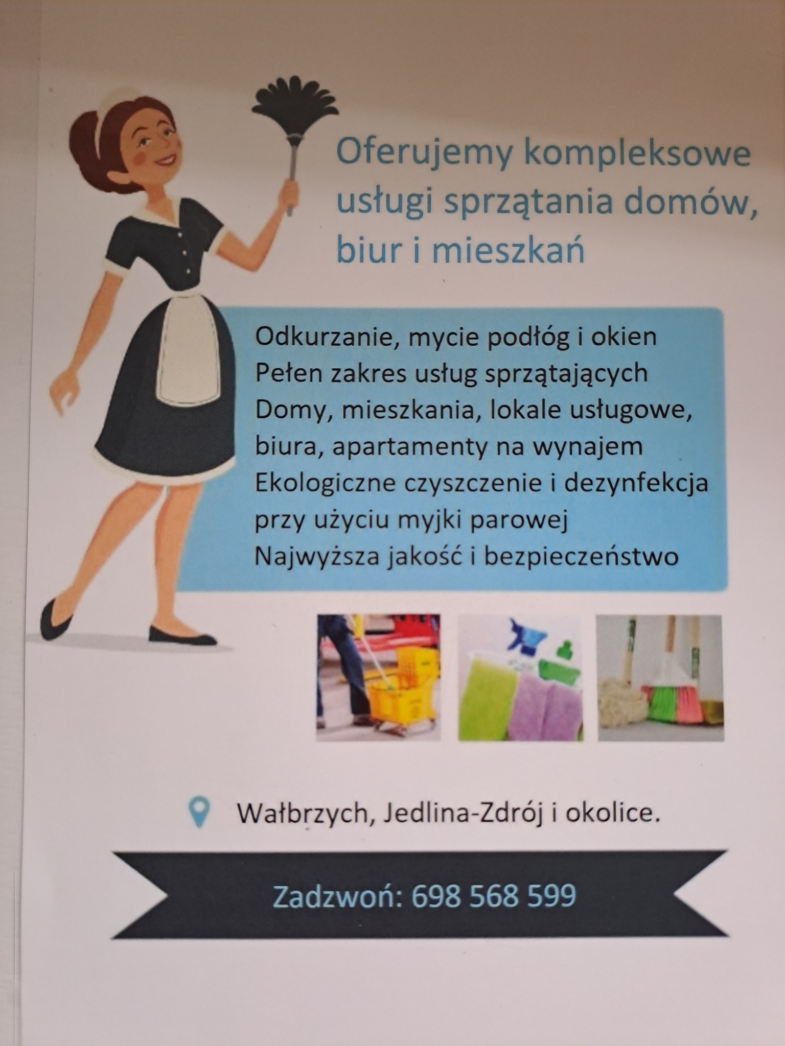 Ilustracja reklamowa usług porządkowych: stylizowana pokojówka z miotełką z piór, oferta kompleksowego sprzątania domów, biur i mieszkań, ekologiczne czyszczenie parowe, Wałbrzych, Jedlina-Zdrój...