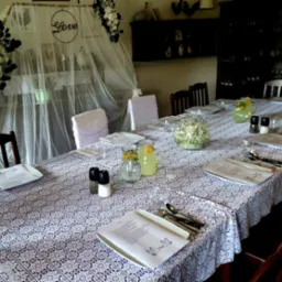 Uroczysty stół nakryty białym koronkowym obrusem, z dekoracjami kwiatowymi, dzbankami z lemoniadą, solniczkami i pieprzniczkami oraz menu z motywem gołębi, przygotowany na przyjęcie.