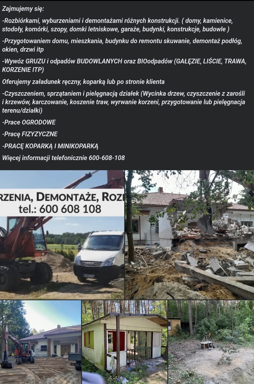 Kompozycja zdjęć z demontażu budynku, wywozu gruzu i pielęgnacji działki. Widoczny sprzęt budowlany, gruzowisko po rozbiórce i uporządkowany teren.