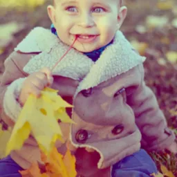 Uśmiechnięty niemowlak w kurtce z kożuszkiem siedzi na ziemi wśród jesiennych liści, trzymając żółty liść w dłoni i czerwoną gałązkę w ustach.