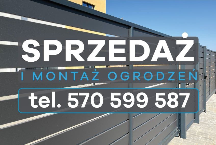 Nowoczesne, poziome ogrodzenie panelowe w kolorze grafitowym, z widoczną bramą przesuwną i informacją o sprzedaży oraz montażu z numerem telefonu, na tle błękitnego nieba i fragmentu budynku.