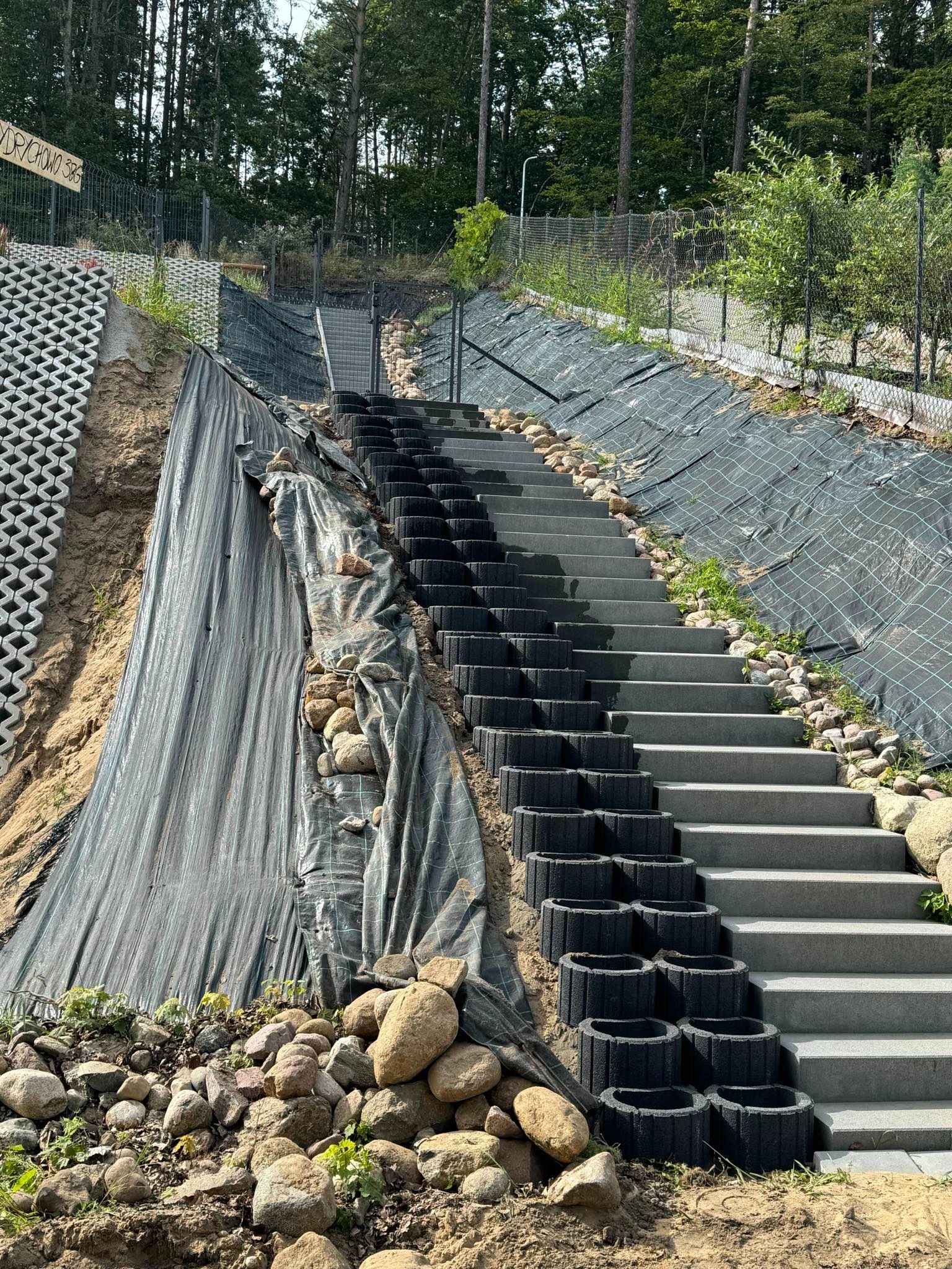 Schody betonowe prowadzące w górę zbocza, z zabezpieczeniem ziemi za pomocą geokraty i kamieni, widok na las w tle.