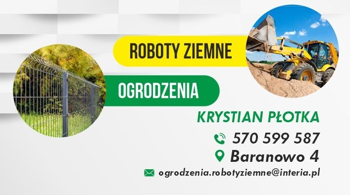 Wizytówka firmy oferującej roboty ziemne i montaż ogrodzeń, z ilustracjami ogrodzenia panelowego i koparki.