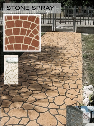 Ścieżka ogrodowa z betonu stemplowanego imitującego kostkę brukową, prowadząca do metalowej bramki, wzór nieregularnych kamieni z ciemnymi fugami.