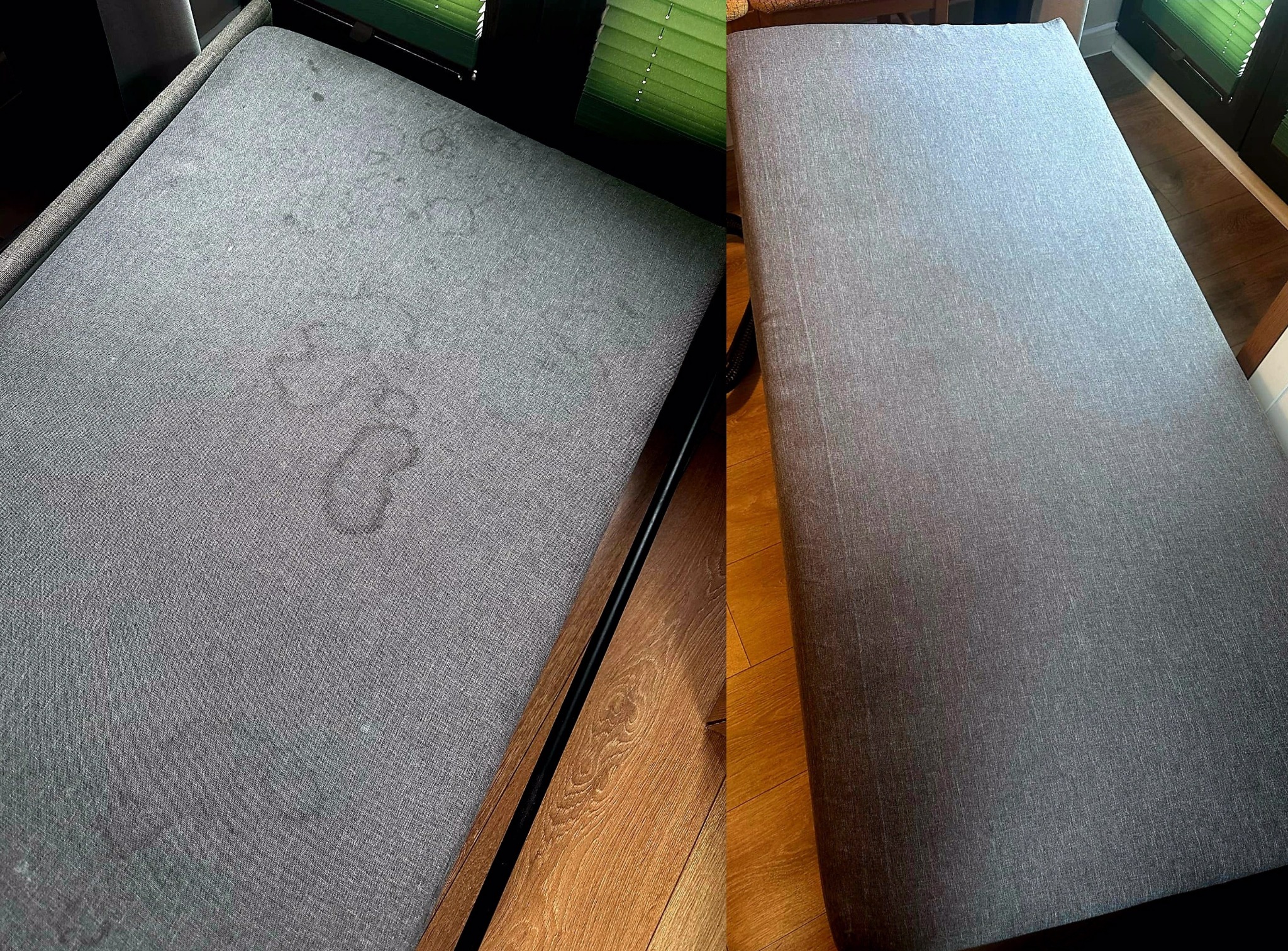 Zdjęcie typu 'przed i po' przedstawia szarą tapicerkę pufy. Po lewej stronie widoczne są ciemne plamy, po prawej stronie tapicerka jest czysta.