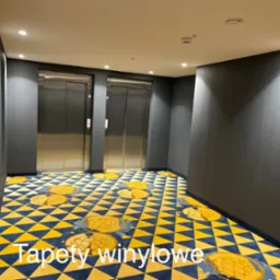 Korytarz z dwoma windami i wzorzystą podłogą w żółto-niebieskie trójkąty i okrągłe motywy, ściany pokryte ciemną tapetą z delikatną fakturą.