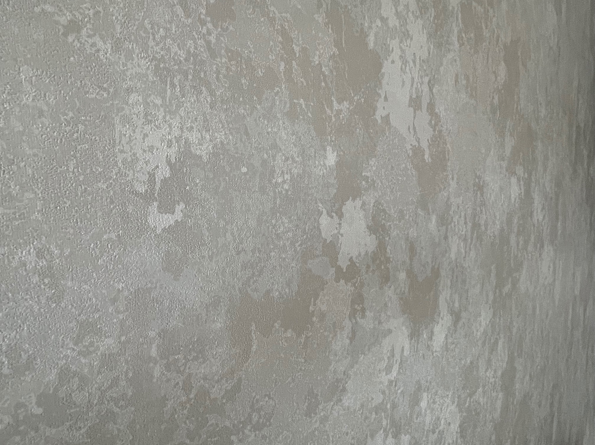 Ściana pokryta dekoracyjną, srebrzystą fakturą, imitującą efekt patyny, z subtelnymi nieregularnościami i delikatnym połyskiem.